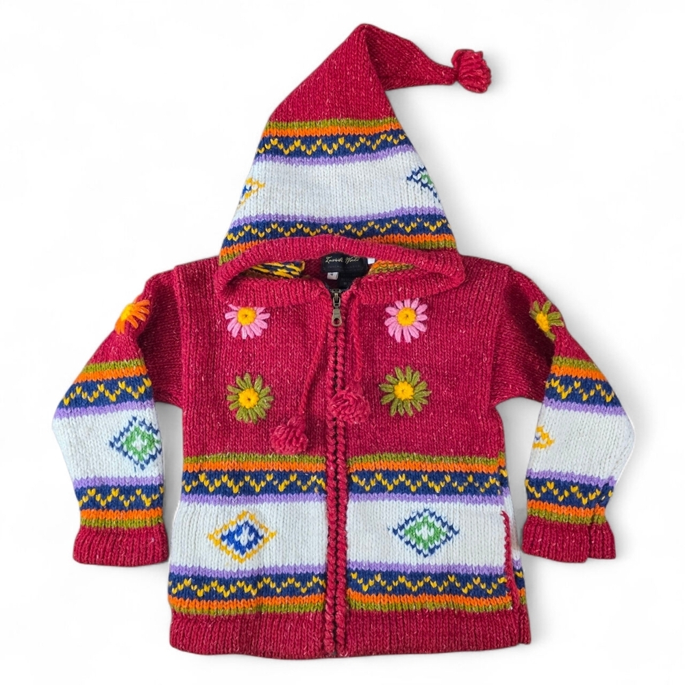 Invisible World Kids Handmade Wool Cotton Hooded Sweater Jacket Size 4 Floral